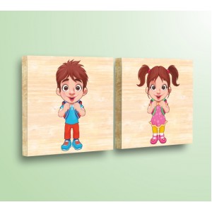 Декорация за стена | Детски, Дърво | Момче и Момиче с Раници, Комплект от 2